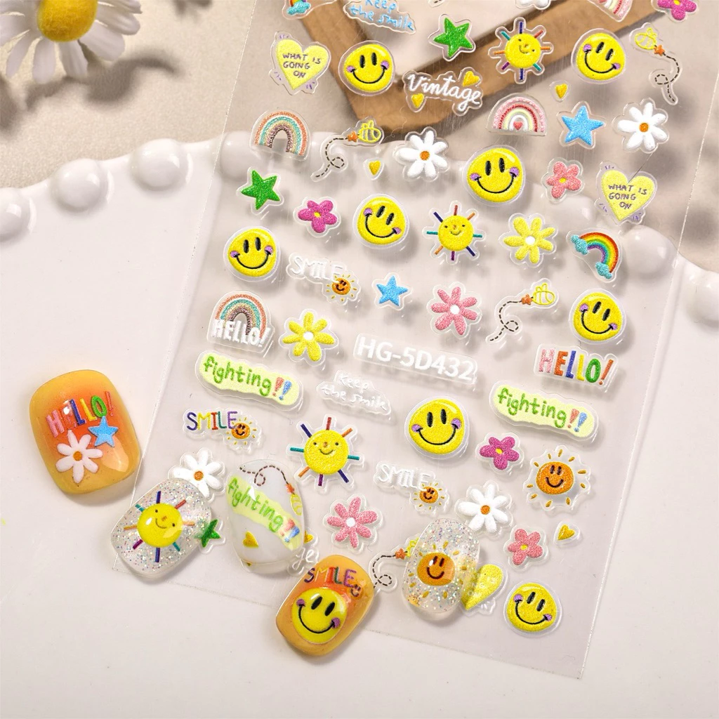 สติกเกอร์ติดเล็บ5D ลายหน้ายิ้มสีสันสดใส มีความน่ารักไม่ซ้ำแบบใคร สินค้าพร้อมส่ง