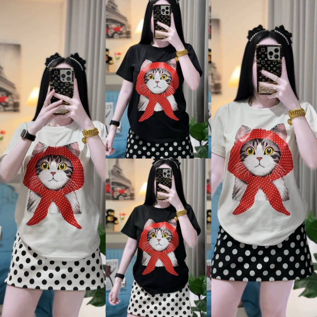 ชุดเซ็ท2ชิ้น เสื้อ+กระโปรง สกรีนลายแมวโพกผ้า