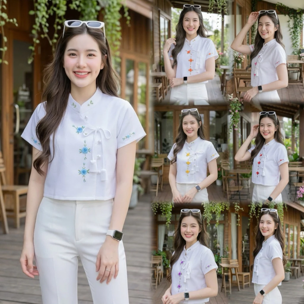 เสื้อพื้นเมืองผู้หญิงคอจีนป้ายผูกโบว์ ปักดอกด้วยมือ