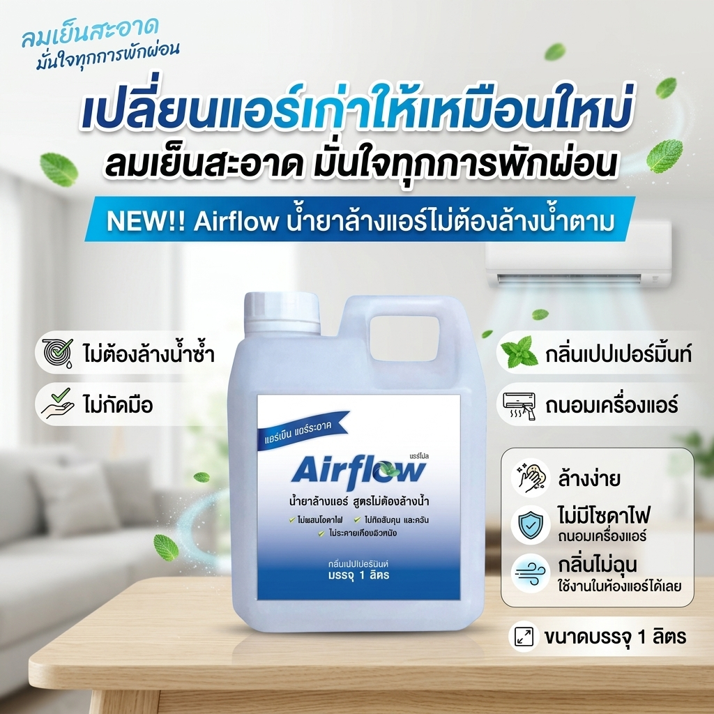 AIR FLOW น้ำยาล้างแอร์ ชนิดไม่ต้องล้างน้ำออก ช่วยทำความสะอาดช่วยฆ่าเชื้อแบคทีเรียเชื้อไวรัส เพิ่มความสดชื่นด้วยกลิ่นมิ้น