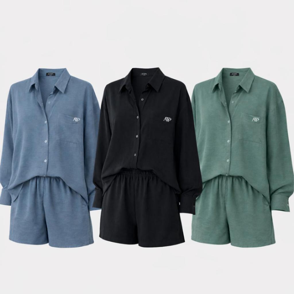Atipashop - SET Asterium Formal | เซ็ตเสื้อเชิ๊ตโอเวอร์ไซส์ปัก ATP ที่กระเป๋าเสื้อกับกางเกงขาสั้น ใส่สบาย