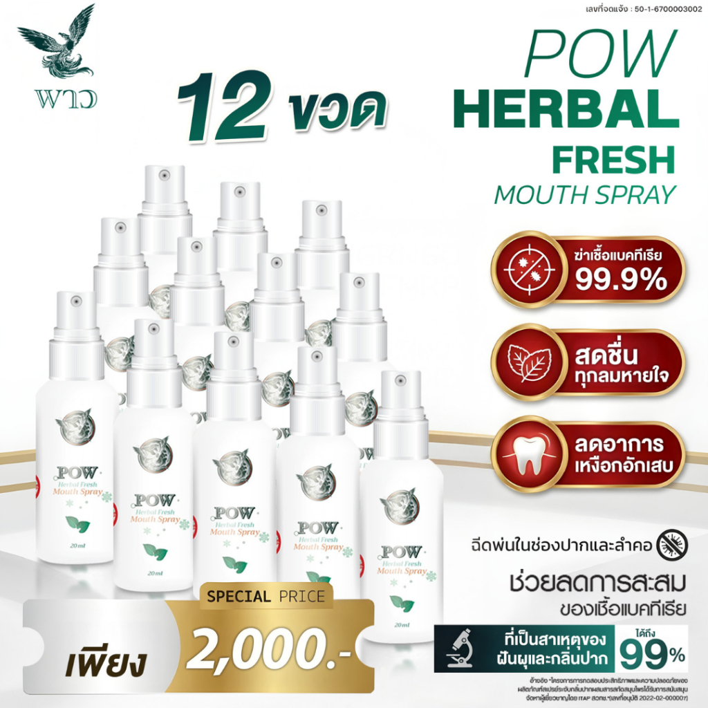 [เพจบริษัท] POW เมาท์สเปรย์ 20ml. สารสกัดพลูคาว โพรพอลิส สเปียร์มินต์ ลดการอักเสบ ปากหอมใน1วิ