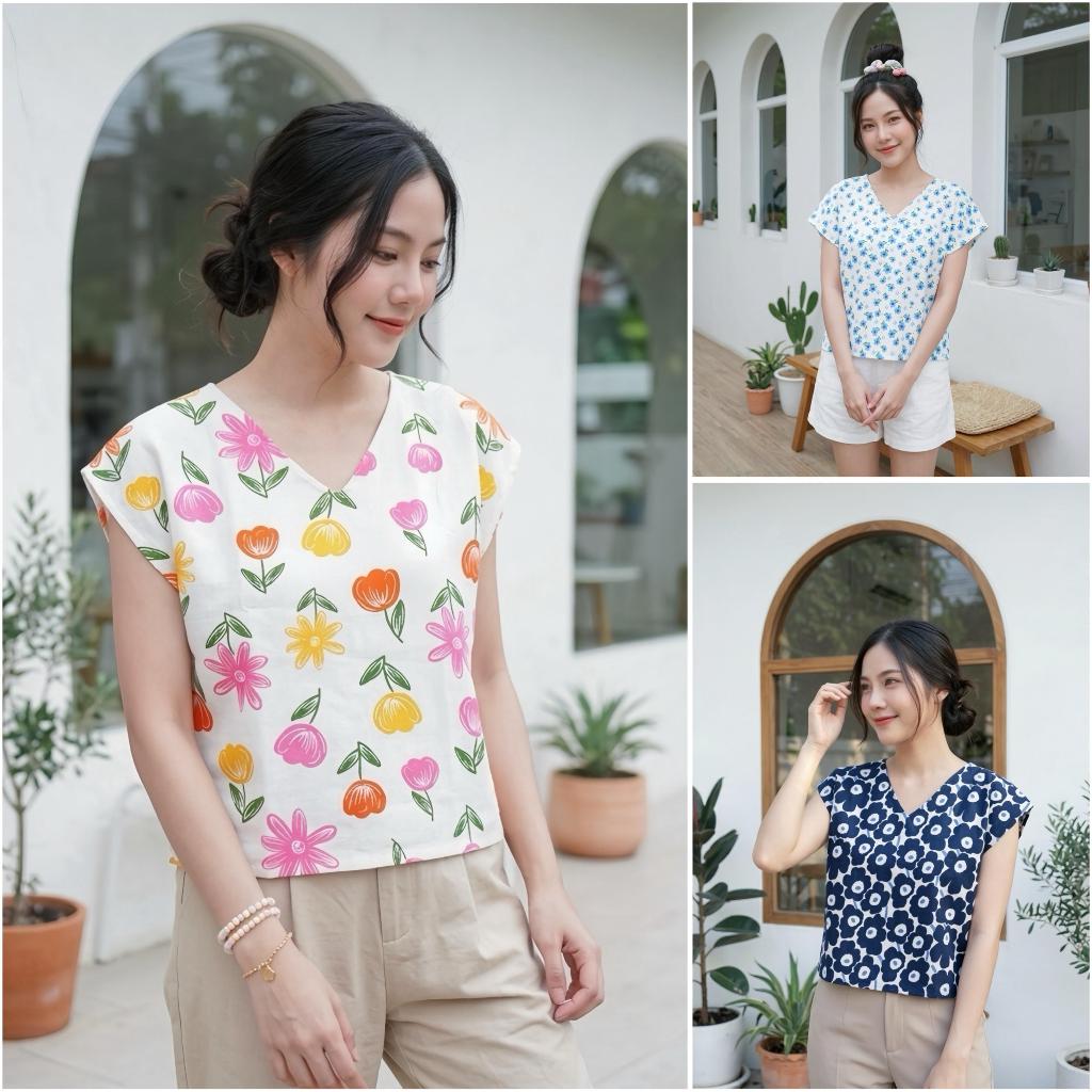 เสื้อลายดอก เสื้อแขนเลย ผ้าฝ้ายลายดอก ใส่เที่ยวหน้าร้อน