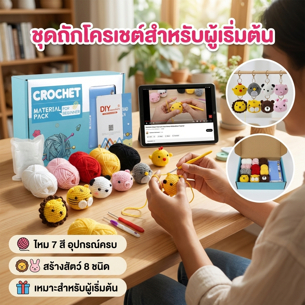 ชุดอุปกรณ์ถักโครเชต์ ลายสัตว์น่ารัก พร้อมพวงกุญแจ สําหรับผู้เริ่มต้น