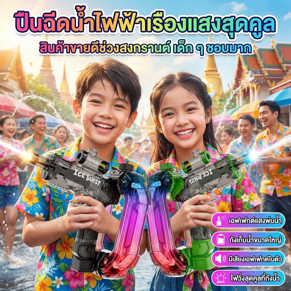 ปืนฉีดน้ำไฟฟ้า ICE BURST ไฟ RGB วิ่งสีรุ้ง ไฟแฟลชปากกระบอก มีเสียง ถังน้ำ750ml ยิงไกล6ม ชาร์จได้ ปืนฉีดน้ำสงกรานต์
