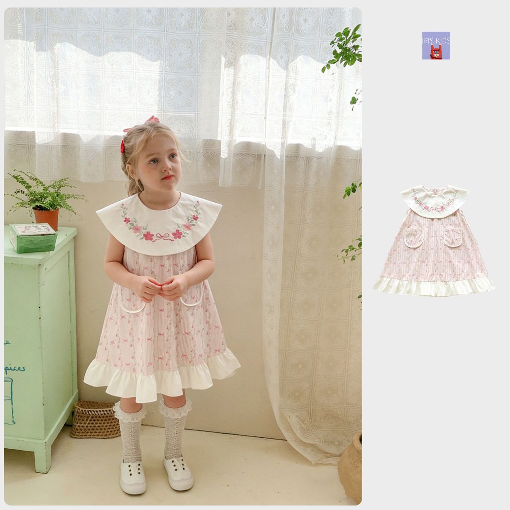 「สินค้าลิขสิทธิ์แท้」IRIS KIDS 26ss IKD260269 Lady Floral Dress ชุดเดรสเด็กผู้หญิง ลายดอกไม้แต่งโบว์ สีพาสเทล กระเป๋าหน้า