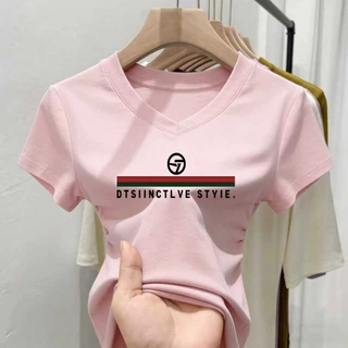 เสื้อผู้หญิงทรงเข้ารูปคอวีสไตล์เกาหลี สำหรับฤดูร้อน มีไซส์ M-3XL ลายตัวอักษร มีให้เลือก 5 สี ราคาพิเศษ