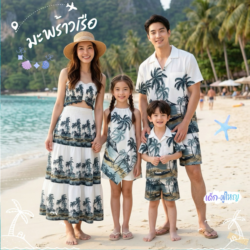 เสื้อฮาวาย ชุดเดรส ผู้ใหญ่/เด็ก ลายมะพร้าวเรือขาว เซตครอบครัว เซตคู่ #พร้อมส่ง(สินค้าขายแยกชิ้น)