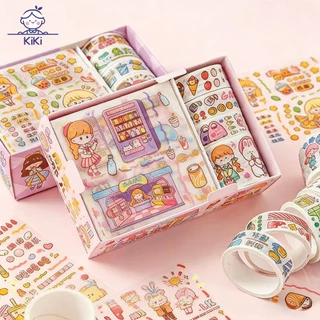 KiKi สติกเกอร์น่ารัก + เทปวาชิ ลายการ์ตูนคิ้วท์ 4 แผ่น + 4 ม้วน เซ็ต DIY ตกแต่งสมุด ของขวัญสุดคิ้วท์