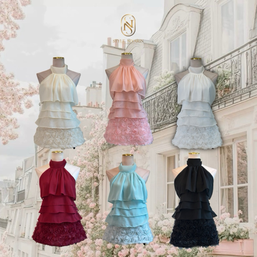 Pretty rose เสื้อและกระโปรงกุหลาบ 3D เสื้อระบายหน้าชั้นๆ ผูกโบว์ด้านหลัง