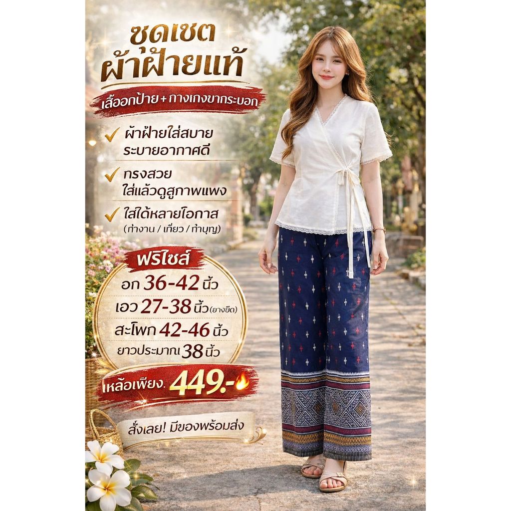 ชุดเซตผ้าฝ้ายแท้ เสื้ออกป้าย + กางเกงขากระบอก ลายไทย ใส่สบาย ฟรีไซส์ ใส่ทำงาน เที่ยว ทำบุญ #Nutsinee