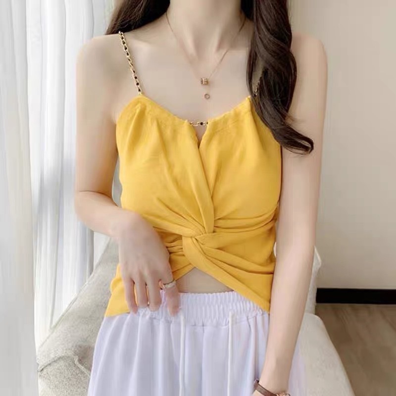 (พร้อมส่ง/ใหม่)#5658 เสื้อกั๊กขนาดเล็กเสื้อสายเดียว ฤดูร้อนใหม่สไตล์ฝรั่งเศสพับสายแขวนโบว์
