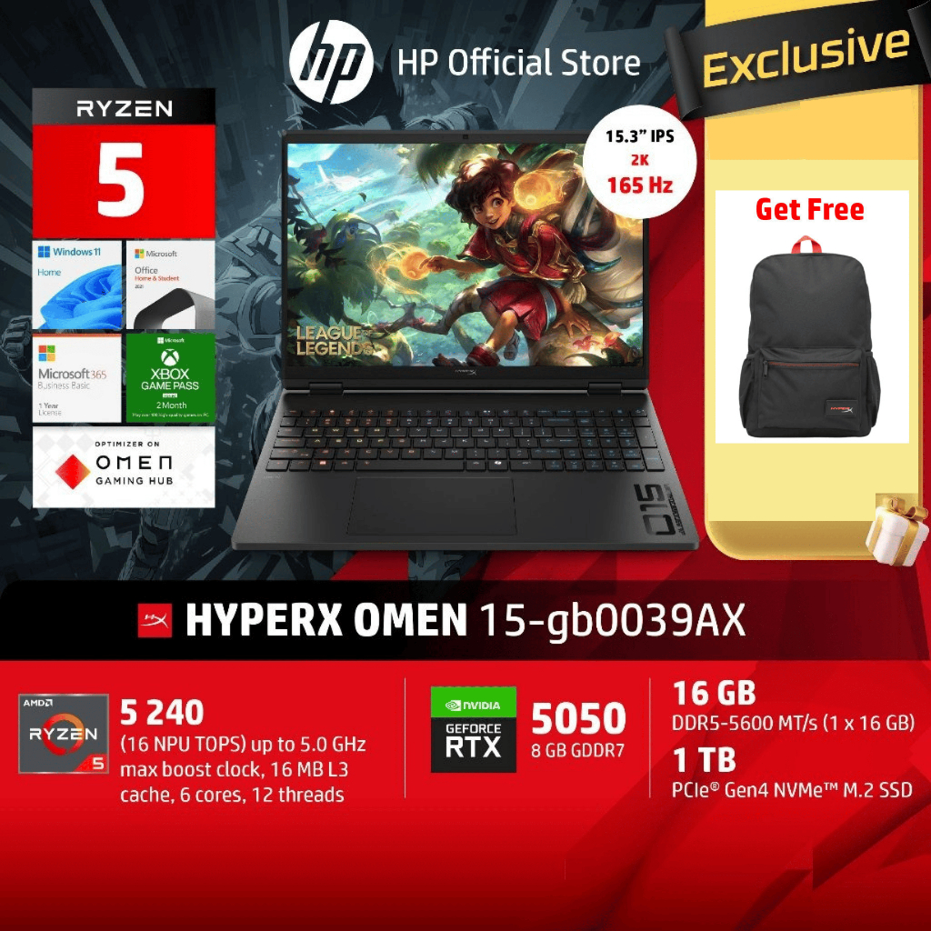 [Exclusive] HyperX OMEN | AMD Ryzen 5 240 | RTX 5050 | 16GB/1TB | 15.3" 2K 165Hz | Win11+MS24 | 2Yrs |15-gb0039AX