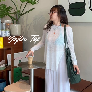 *มีส่งด่วน* upeachme(B16,B17) Yujin Top [M-XL] เสื้อยืดคอกลมแขนยาวปาดไหล่สีขาว เสื้อแขนยาวปาดไหล่ เสื้อยืดตัวยาวผ่าหน้า