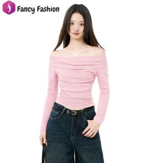 Fancy เสื้อปาดไหล่ แขนยาว [ใส่แล้วผอม] ทรงเข้ารูป ผ้านิ่มเด้ง สไตล์เกาหลี มินิมอล เสื้อไปคาเฟ่ เสื้อแฟชั่นผู้หญิง
