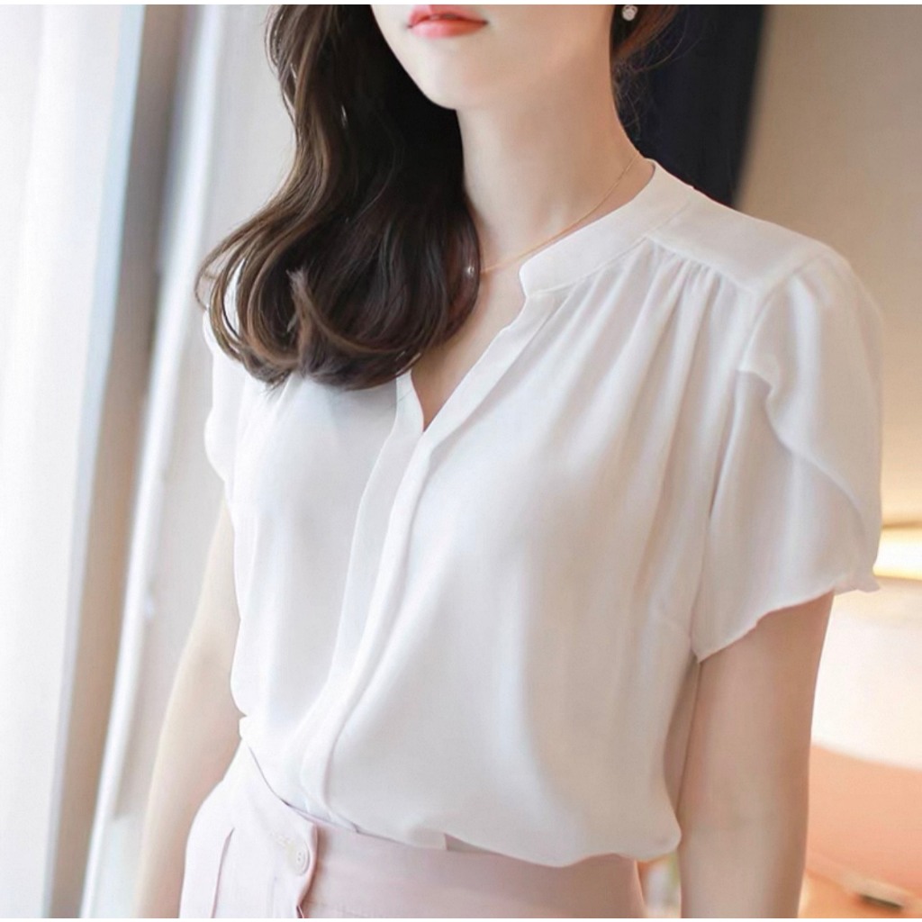 เสื้อแขนสั้นสำหรับผู้หญิงเหมาะสำหรับฤดูร้อนทรงหลวมสวมใส่สบายโรแมนติกสง่างามแขนระบายอากาศคอวีเสื้อสเวตเตอร์ผ้าชีฟองทันสมั