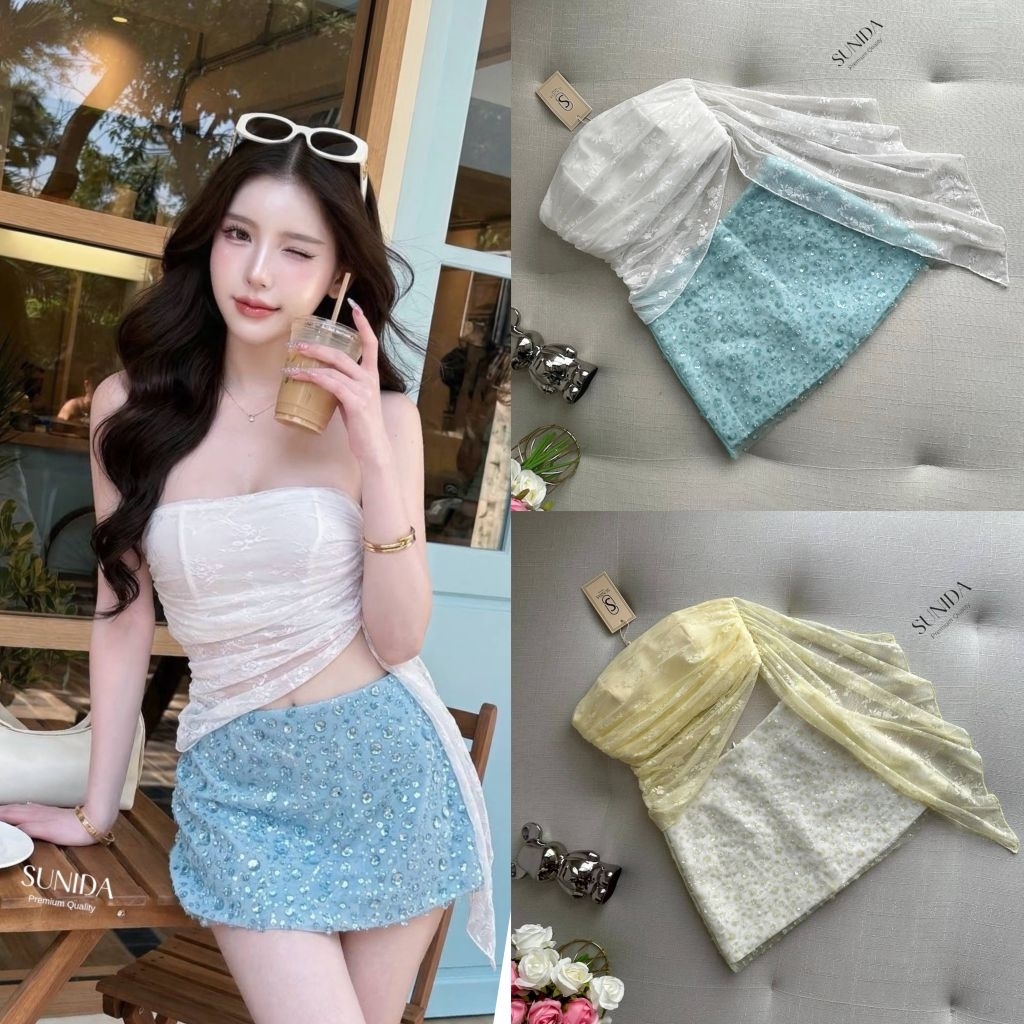 sunida ชุดเซต 2 ชิ้น เสื้อเกาะอกสีพาสเทล +กระโปรงเสื้อลูกไม้ระบายข้าง