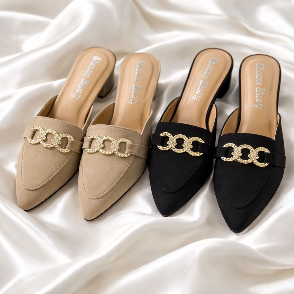 รองเท้าเปิดส้น Bigsize 36-45 ส้นสูง 2 นิ้ว ประดับอะไหล่หรูหรา ดีไซน์คลาสสิก สำหรับผู้หญิง ทันสมัย รองเท้าแฟชั่น ขนาดใหญ่