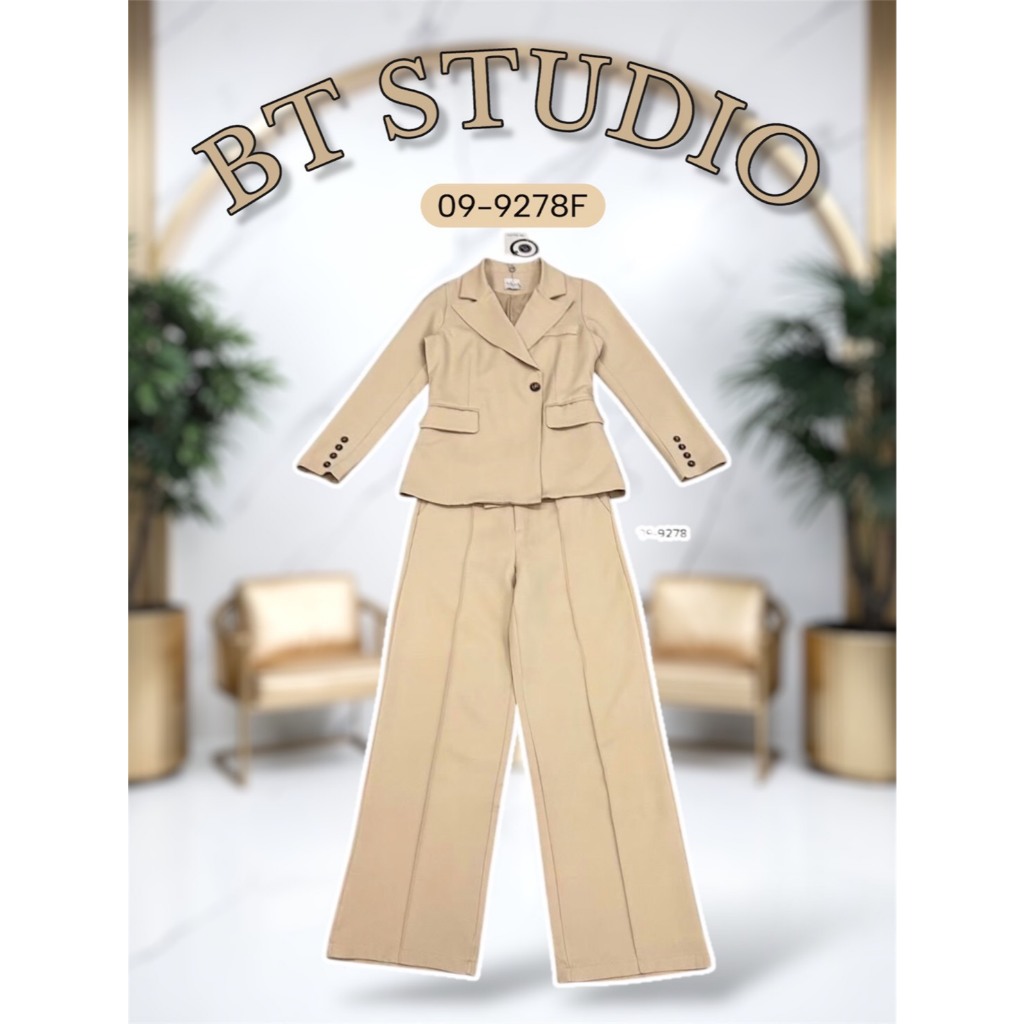 BT 09-9278F เซท 2 ชิ้น เสื้อสูทแขนยาวคอปก กางเกงขายาวซิปหน้า กระเป๋ากางเกงใช้งานได้จริง ชุดสูท ใส่ทำงาน ออกงาน