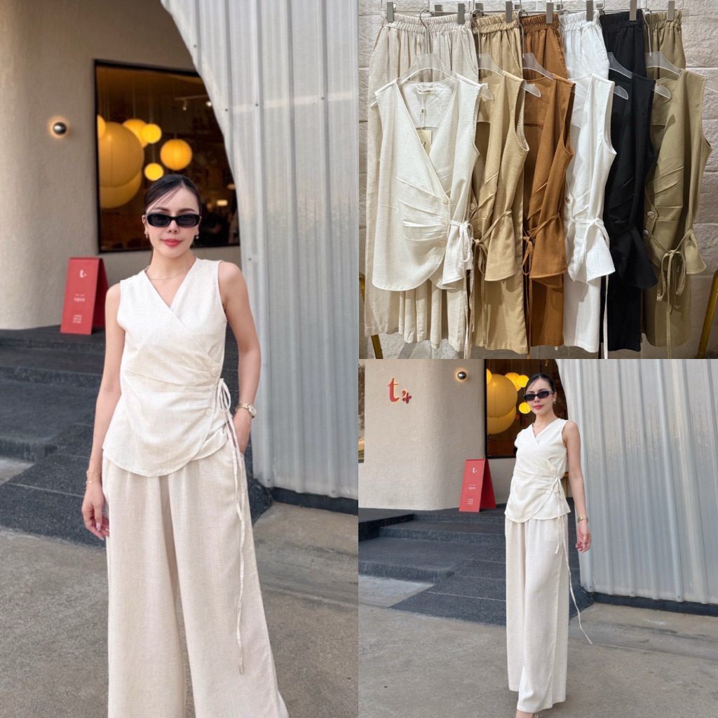 T33101เสื้อแขนกุดผูกเอว/กางเกงขายาวผ้าลินิน