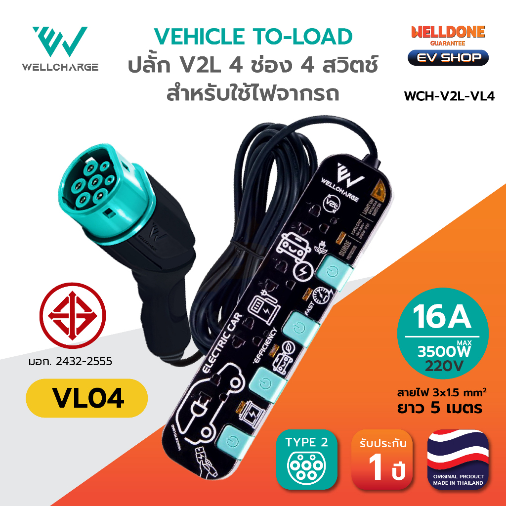 [Wellcharge] ปลั๊กV2L 4ช่อง 4สวิทช์ รุ่นVL04 ใช้เสียบไฟจาก Aion Deepal Jaecoo MG Geely ORA Zeekr Xpeng BYD NETA มี มอก.