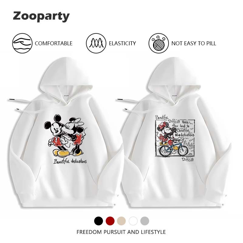 Mickey Mouse & Minnie Mouse เสื้อฮู้ด ใหม่ เสื้อยืดคู่รัก แขนยาว กระเป๋าล้วงด้านหน้า มีฮู้ดสวมหัว