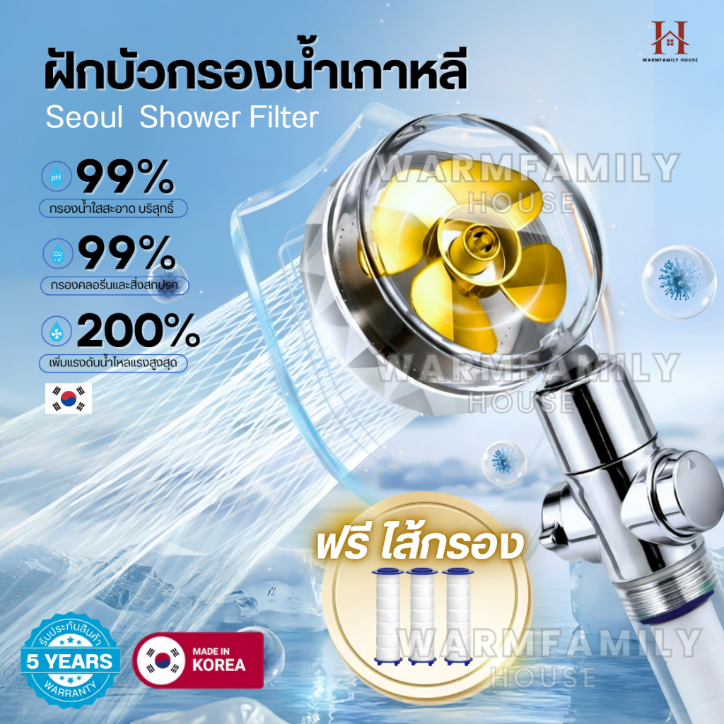 (ใหม่)ฝักบัวกรองน้ำเกาหลี มีใบพัดแรงดันสูง หมุนได้ 360° แถมฟรีไส้กรองฝักบัว ฝักบัวขนาดใหญ่ สปาผิว Seoul Stone Pure Rain