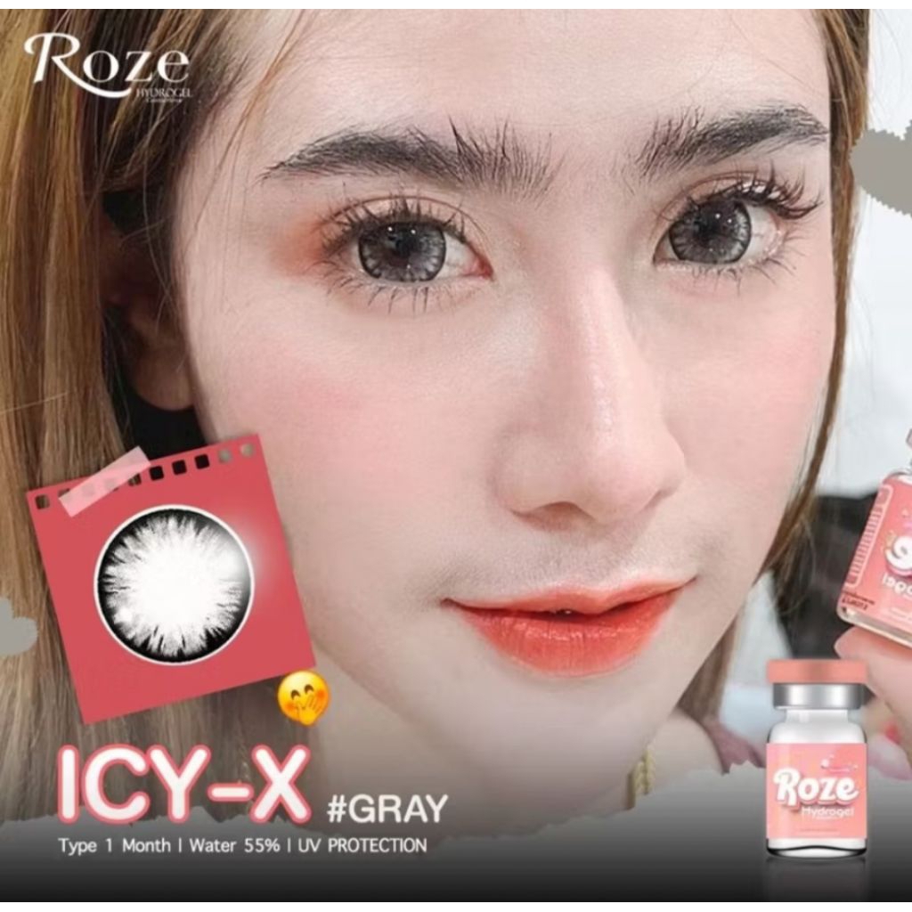 คอนแทคเลนส์ลาย lCY-X gray สีเทา ขนาด 14.8 mm ค่าอมน้ำ 55% ลายเกล็ดน้ำแข็ง รายเดือน ( Rozehydrogel )