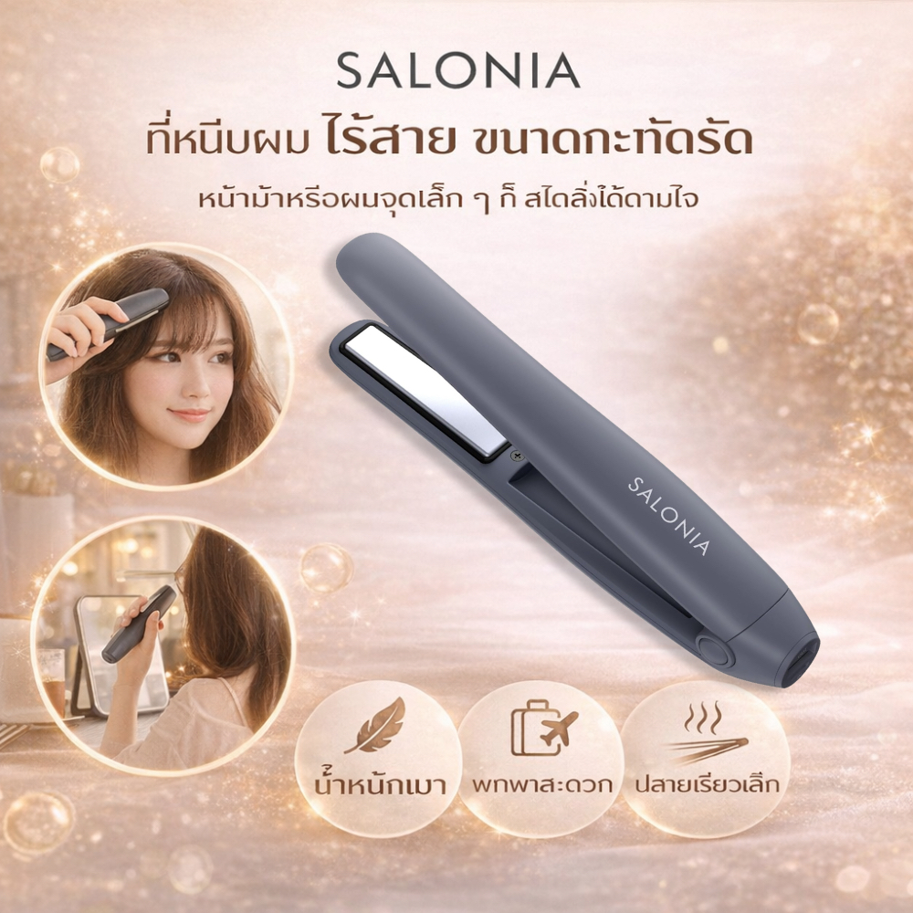 SALONIA 🌎 เครื่องหนีบผมไร้สาย 12mm รุ่น SAL25119GR พกพาสะดวก ใช้ได้ทุกที่ สำหรับหน้าม้าและผมสั้น แบต