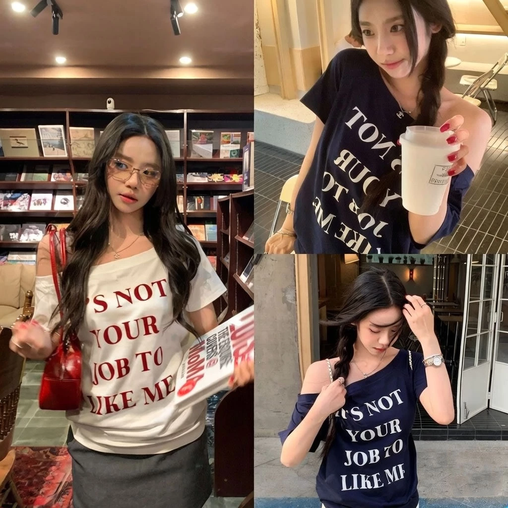 KKS✨พร้อมส่ง✨เสื้อปาดไหล่ แฟชั่นเกาหลีผู้หญิง ทรงหลวม เนื้อผ้านิ่ม สาวอวบใส่ได้ ผ้าคอตอน ใส่สบาย