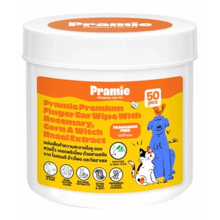 Pramie ผ้าเช็ดทำความสะอาดใบหูสำหรับสัตว์เลี้ยง แบบสวมนิ้ว สูตรไม่มีน้ำหอม เกรดพรีเมี่ยม 50 ชิ้น
