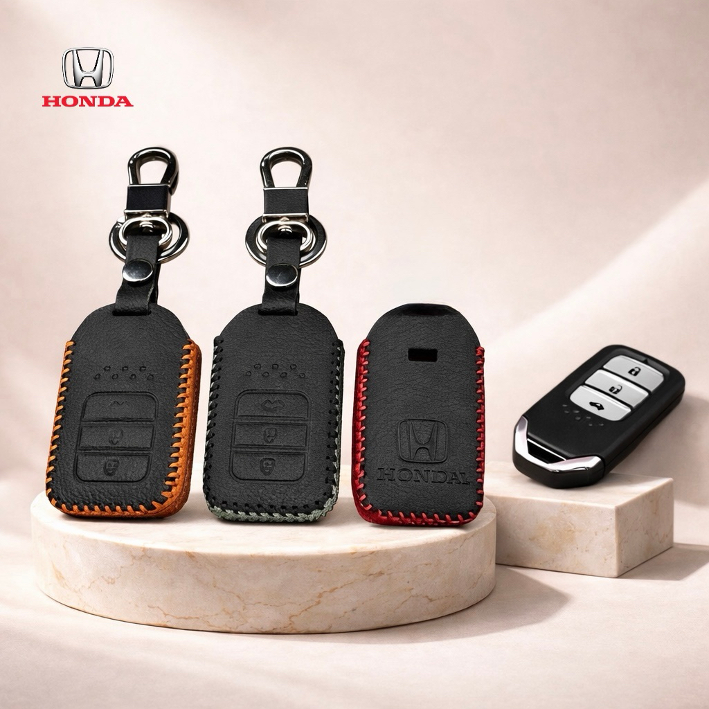 ซองหนังแท้ ใส่กุญแจรีโมทรถยนต์ รุ่นหนังนิ่มโลโก้ H-เงิน All New Honda Accord,Civic,city ehev 2016-26 Smart Key 4 ปุ่ม