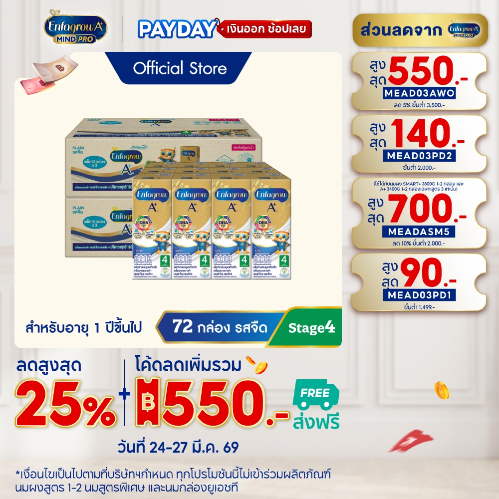 นมกล่อง เอนฟาโกร ยูเอชที สูตร4 ชนิดจืด (36 กล่อง) x2 ลัง Enfagrow UHT Stage4 Plain (36 boxes) x2 cas
