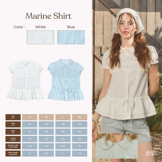 DAILYLOOK.SM --- Marine shirt เสื้อเชิ้ตแขนตุ๊กตา ดีเทลปักลายตรงคอปก ผ้ามี texture ลายทางตรง