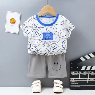 ชุดเสื้อแขนสั้นเด็ก ชุดเด็กแฟชั่น ลายการ์ตูน รอบเอวยืดได้ ผ้ายืด พร้อมส่งจากไทย