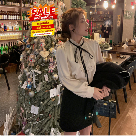 ล้างสต็อก🎀 HHB2899 เสื้อเชิ้ตคอเต่าแขนยาวลุคสวยเรียบหรู แต่งผูกโบว์ที่คอน่ารักๆ ใส่เที่ยว ใส่ทํางาน 