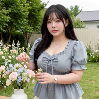 C20 💐 [S-XXXXXL] เสื้อสาวอวบ สีพื้นเรียบ ทรงPeplum สวย ใส่สบาย แต่งโบว์หน้า มีสม็อคเอวยืด รอบอกใหญ่พิเศษ 32-60 นิ้ว