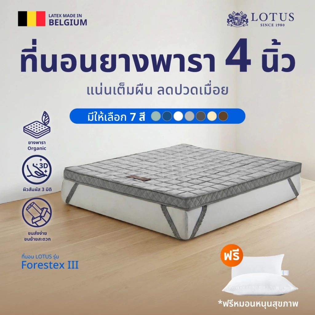 LOTUS ที่นอนยางพารา เบลเยี่ยม รุ่น Forestex III หนา 4 นิ้ว แน่นเต็มผืน ลดปวดเมื่อย ฟรีหมอนสุขภาพ ส่งฟรี