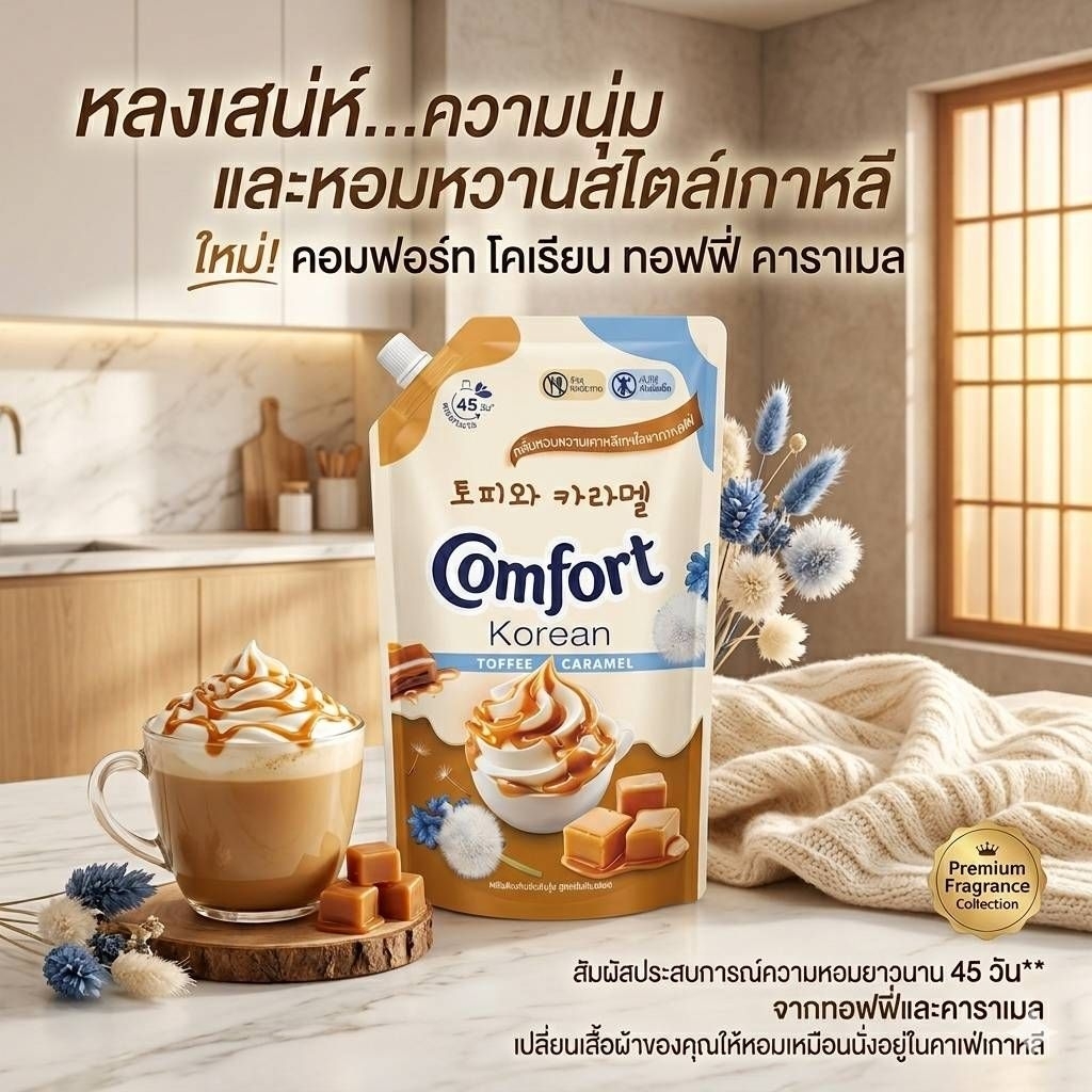 Comfort Korean Toffee Caramel ผลิตภัณฑ์ปรับผ้านุ่ม​ (คอมฟอร์ท กลิ่นทอฟฟี่และคาราเมล) 470ml