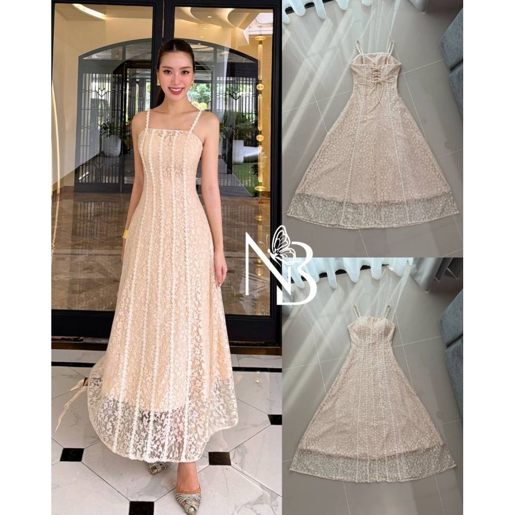 S M มือ1 NABI BRAND เดรสยาวสายเดี่ยวผ้าลูกไม้สีครีม แต่งสายร้อยไขว้ปรับผูกข้างหลัง ใส่สวยสุดๆ ป้าย N