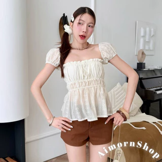 🔥aimorn_shop🔥เสื้อแขนตุ๊กตา ผ้าโรซี่ ผ้าบาง สม็อคช่วงอก ปลายระบายพองๆ ดีเทลเชือกลูกไม้