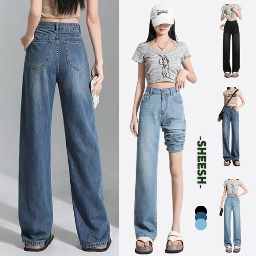 SHEESH Baggy jeans  เอวสูง ทรงหลวมสไตล์เกาหลีย้อมอมยุท พร้อมส่งใส่ได้ หญิง - ชายกางเกงยีนส์ชายหญิง M