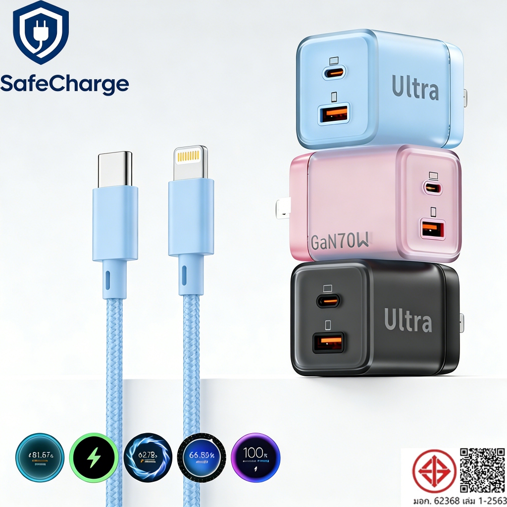 【รับประกัน 1 ปี】Safe Charger PD 70W GaN PPS ชุดหัวชาร์จ USB-A+Type C และสายชาร์จ ชาร์จเร็ว ชาร์จเร็ว