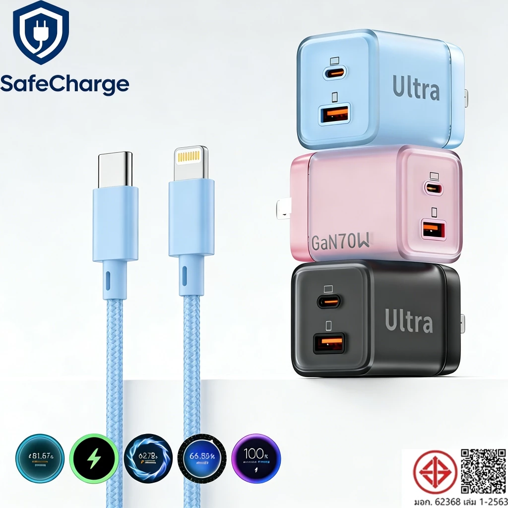 【รับประกัน 1 ปี】Safe Charger PD 70W GaN PPS ชุดหัวชาร์จ USB-A+Type C และสายชาร์จ ชาร์จเร็ว ชาร์จเร็ว