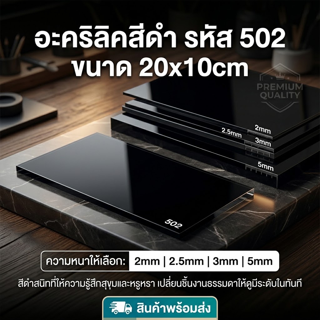 อะคริลิคดำ/502 ขนาด 20X10cm มีความหนาให้เลือก 2 มิล,2.5 มิล,3 มิล,5 มิล
