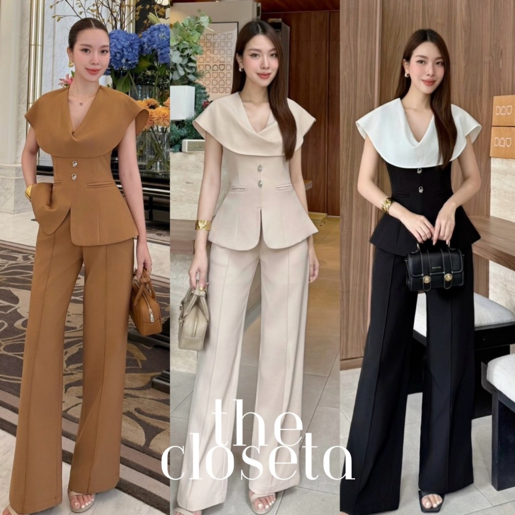 THE CLOSETA : (พร้อมส่ง) LV287 ชุดเซ็ท2ชิ้น เสื้อคอถ่วง พร้อมกางเกงขายาวเรียบหรู