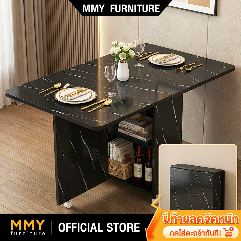 MMY โต๊ะกินข้าวพับได้ 100cm โต๊ะอเนกประสงค์ โต๊ะทำงาน ลายหินอ่อน มีล้อเลื่อน ประหยัดพื้นที่ สำหรับคอ