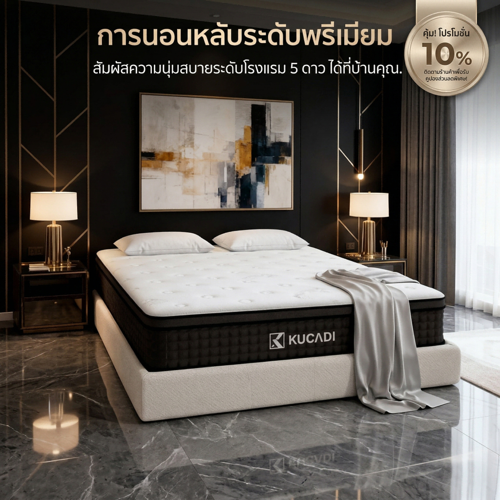 KUCADI ที่นอนสปริง ที่นอน 6 ฟุต 13 นิ้ว ผ้าไหมไอซ์ นุ่มละเอียด เย็นสบายไร้เสียง พร้อมหมอนระดับโรงแรม
