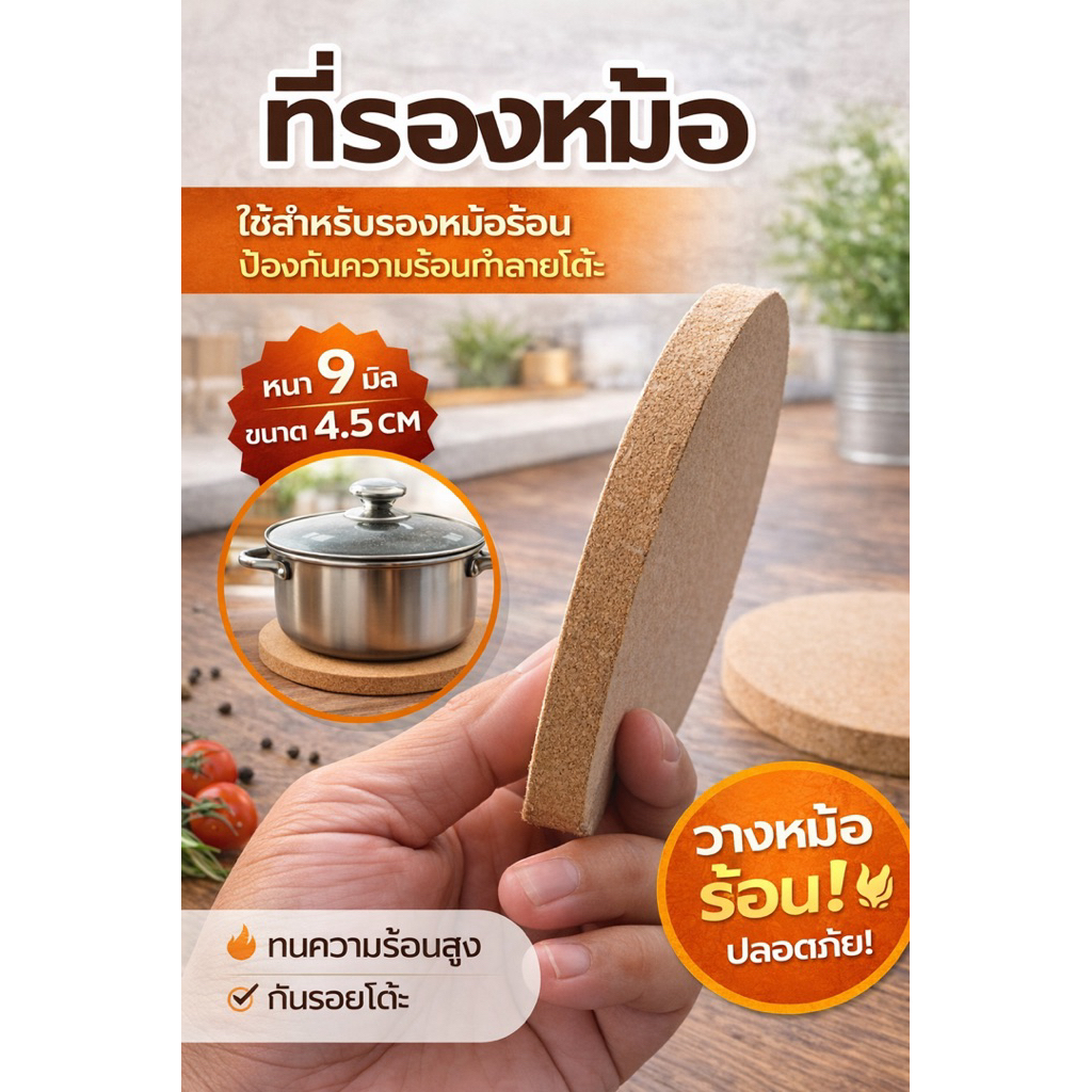 ที่รองหม้อ กันความร้อน แผ่นรองหม้อไม้ MDF หนา 9 มิล 4.5 ซม. กันรอย กันลื่น รองของร้อน อุปกรณ์ครัว