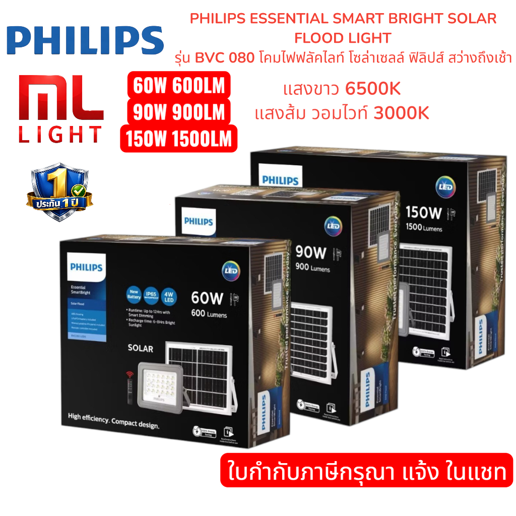 Philips สปอร์ตไลท์โซล่าเซลล์ 60W 90W 150W โคมไฟ โซล่าเซลล์ รุ่น Lighting Essential SmartBright Solar Flood Light BVC080